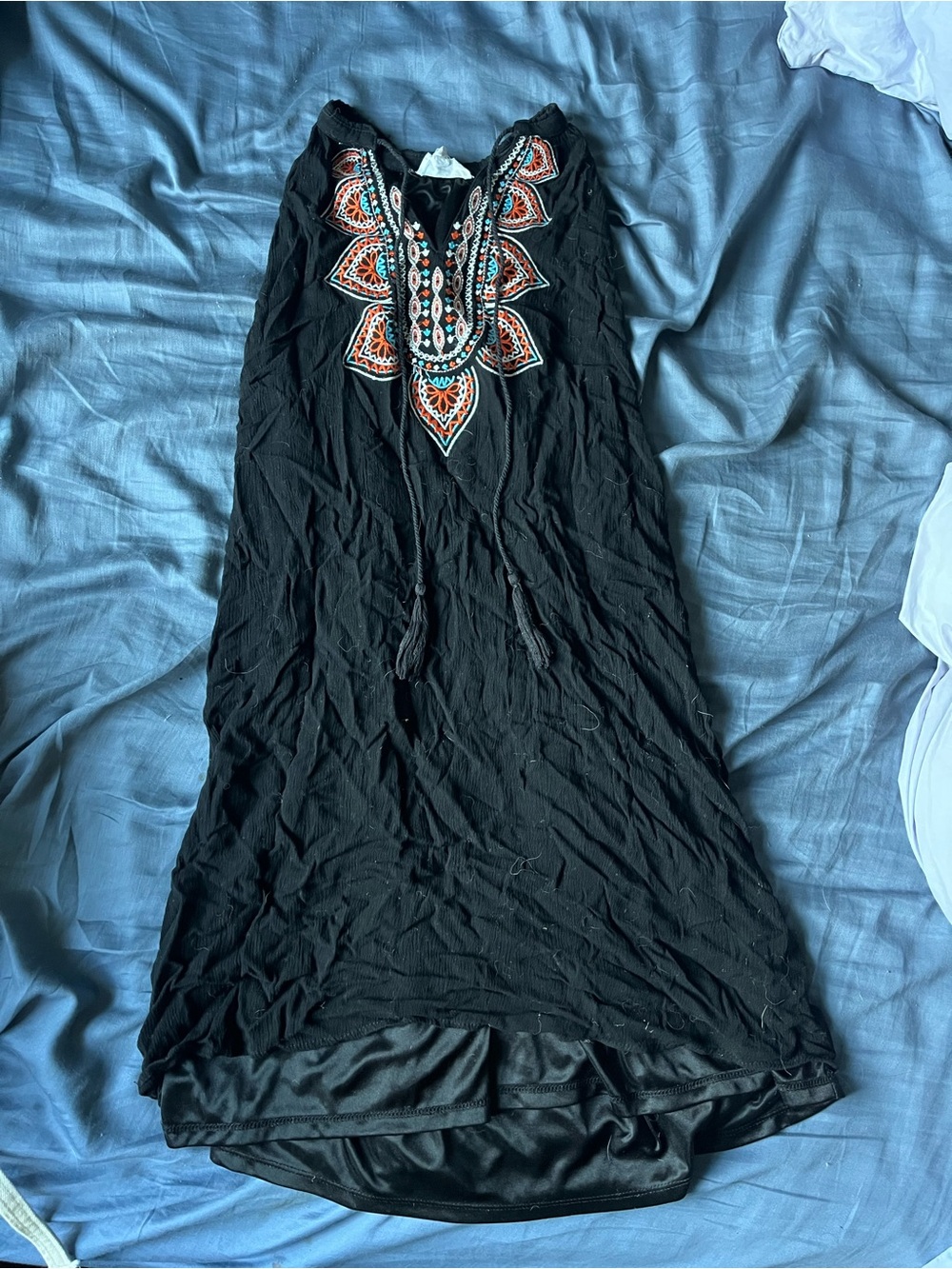 Black Sleeveless Tunic Dress with Colorful Embroidered Yoke